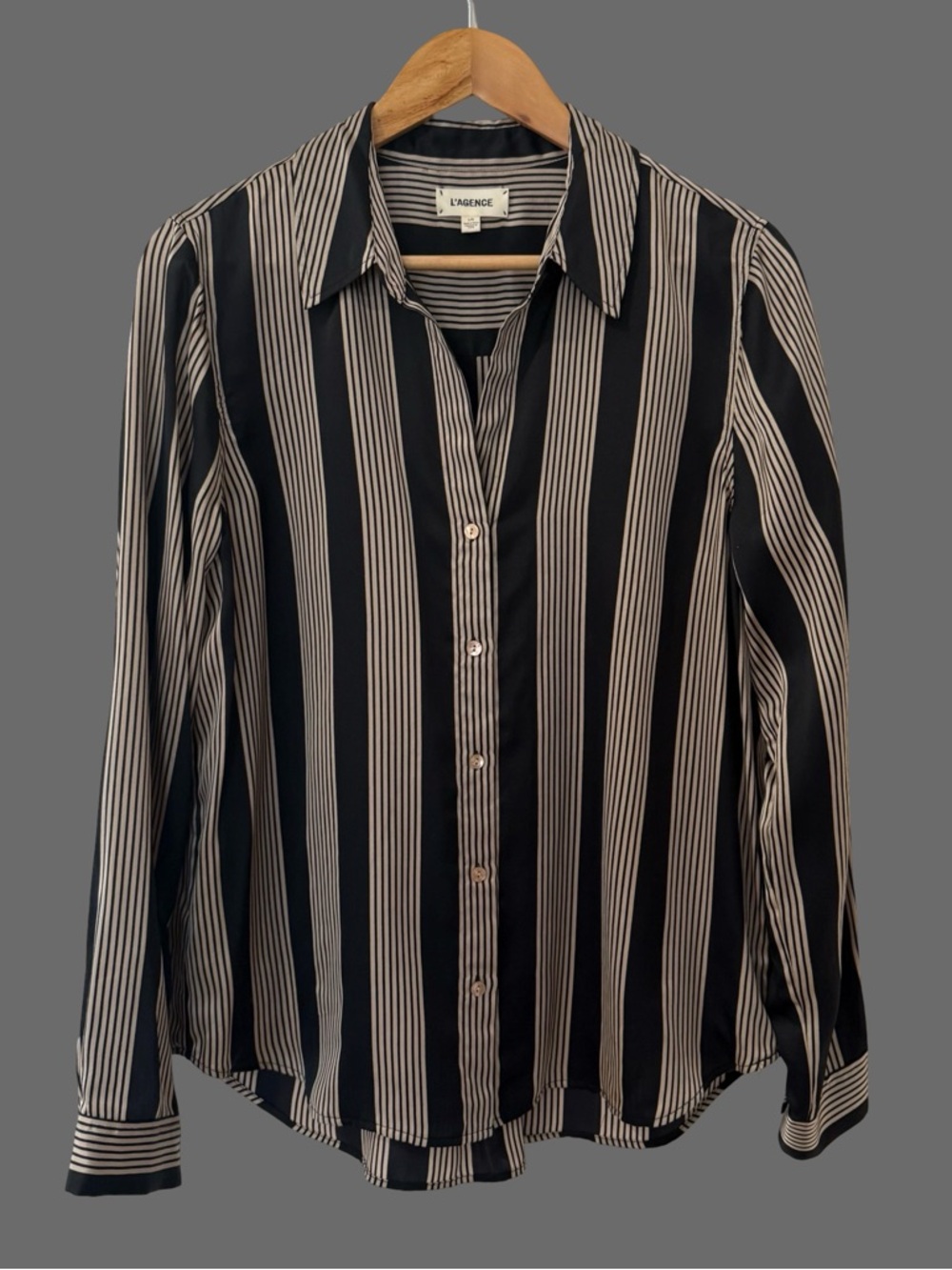 L'AGENCE Black/Brown Stripe Button Down Long Sleeve Silk Blouse L ($395)